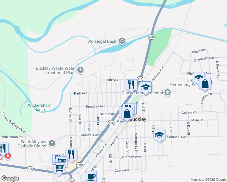 map of restaurants, bars, coffee shops, grocery stores, and more near 640 Park Avenue in Buckley