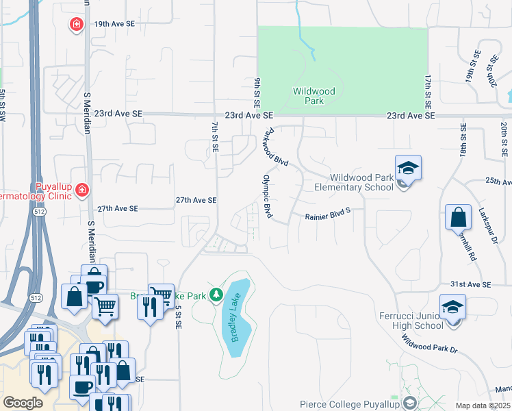 map of restaurants, bars, coffee shops, grocery stores, and more near 914 27th Avenue Southeast in Puyallup