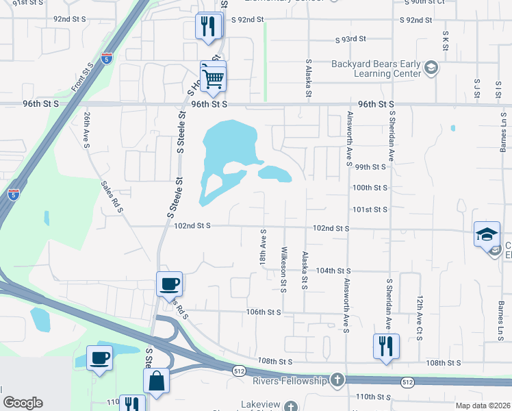 map of restaurants, bars, coffee shops, grocery stores, and more near 1803 101st Street South in Tacoma
