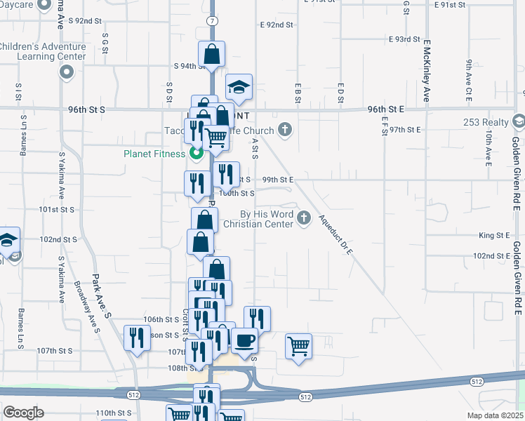 map of restaurants, bars, coffee shops, grocery stores, and more near 10017 A Street South in Tacoma