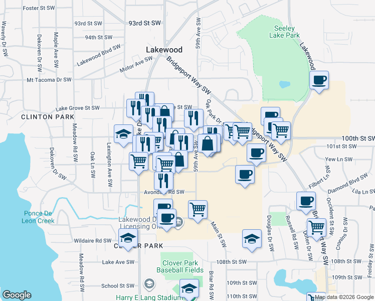 map of restaurants, bars, coffee shops, grocery stores, and more near 5400 100th Street Southwest in Lakewood