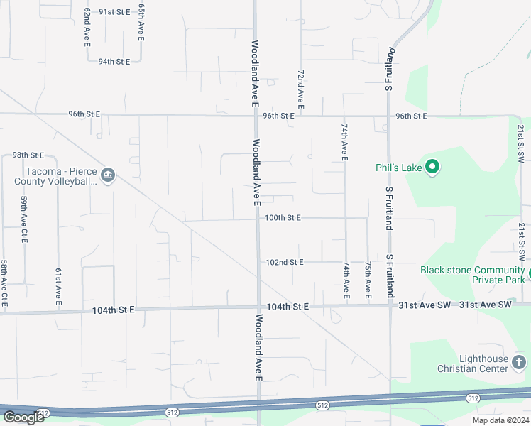 map of restaurants, bars, coffee shops, grocery stores, and more near 9929 Woodland Avenue East in Puyallup