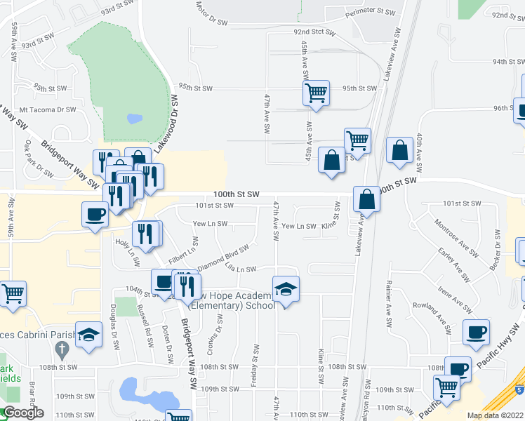 map of restaurants, bars, coffee shops, grocery stores, and more near 4802 Diamond Boulevard Southwest in Lakewood