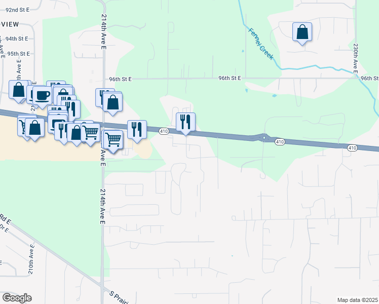 map of restaurants, bars, coffee shops, grocery stores, and more near 9913 219th Avenue Court East in Bonney Lake