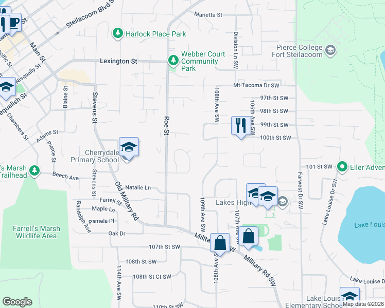map of restaurants, bars, coffee shops, grocery stores, and more near 2726 Cambridge Drive in Steilacoom