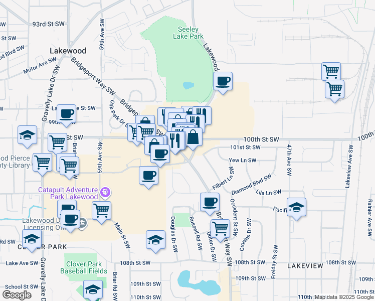 map of restaurants, bars, coffee shops, grocery stores, and more near 1600 Lakewood Drive Southwest in Lakewood