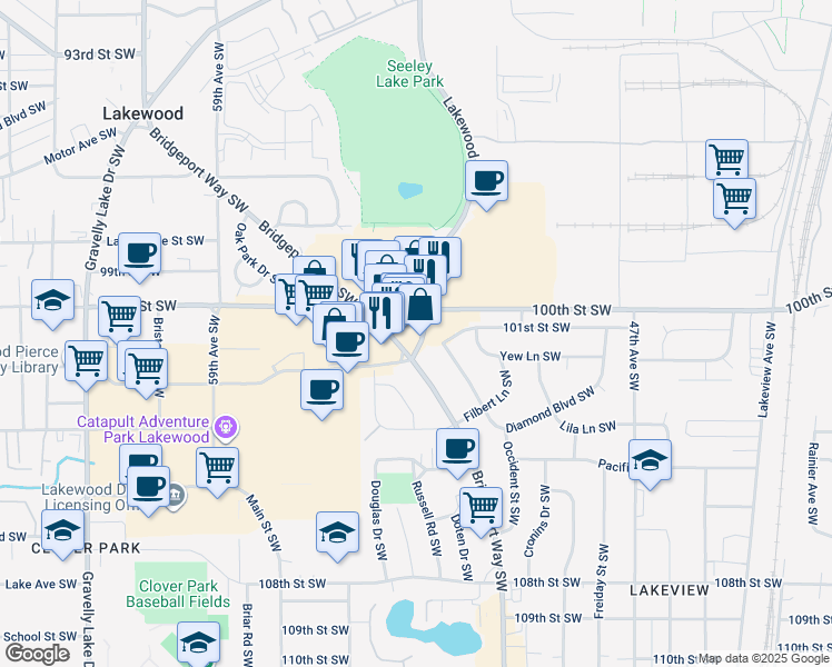 map of restaurants, bars, coffee shops, grocery stores, and more near 1600 Lakewood Drive Southwest in Lakewood
