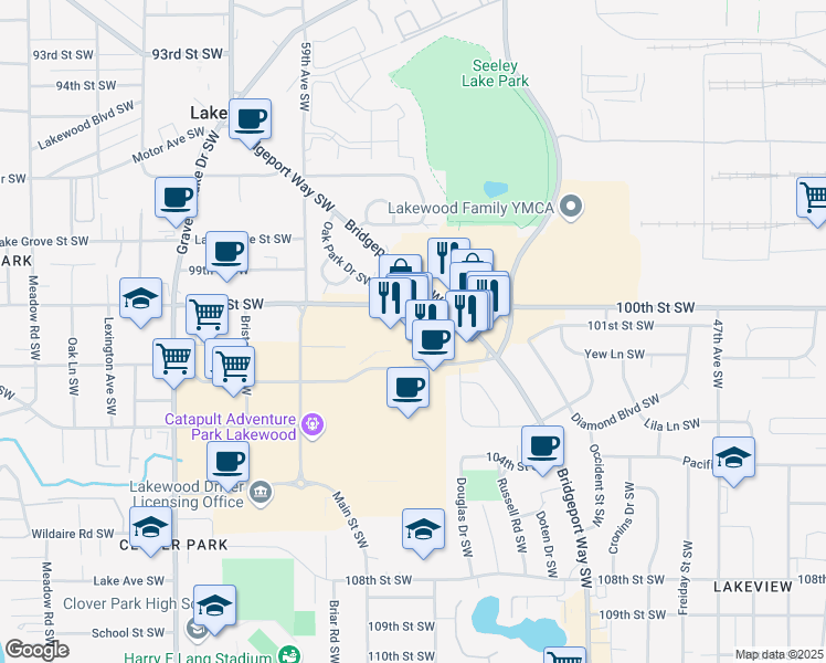 map of restaurants, bars, coffee shops, grocery stores, and more near 5700 100th Street Southwest in Lakewood
