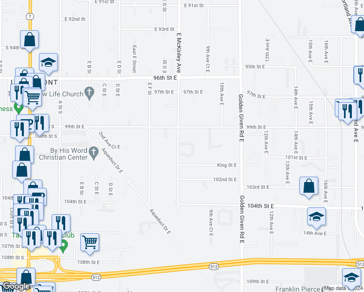 map of restaurants, bars, coffee shops, grocery stores, and more near 804 100th Street Court East in Tacoma
