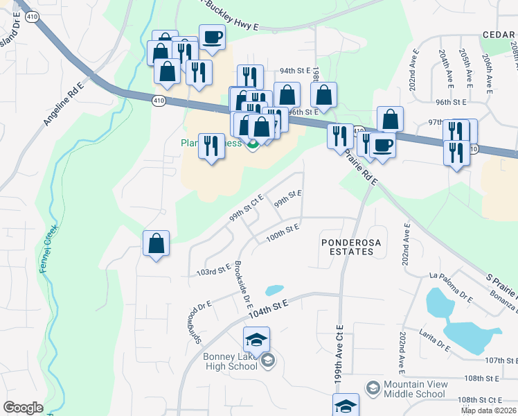 map of restaurants, bars, coffee shops, grocery stores, and more near 9904 197th Avenue Court East in Bonney Lake