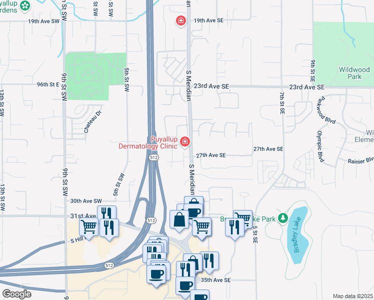 map of restaurants, bars, coffee shops, grocery stores, and more near 2622 South Meridian in Puyallup