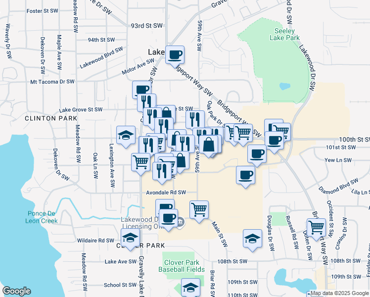 map of restaurants, bars, coffee shops, grocery stores, and more near 5400 100th Street Southwest in Lakewood