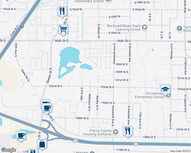 map of restaurants, bars, coffee shops, grocery stores, and more near 10106 Wilkeson Street South in Tacoma