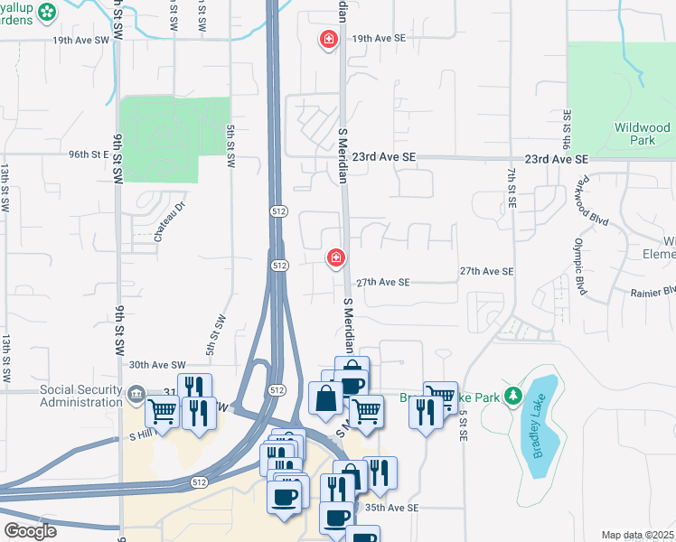 map of restaurants, bars, coffee shops, grocery stores, and more near 2622 South Meridian in Puyallup