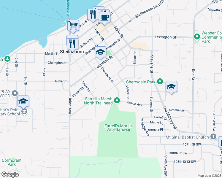 map of restaurants, bars, coffee shops, grocery stores, and more near 1312 Adams Street in Steilacoom
