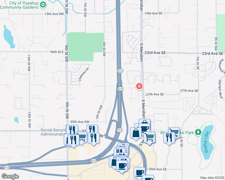 map of restaurants, bars, coffee shops, grocery stores, and more near 2719 5th Street Southwest in Puyallup