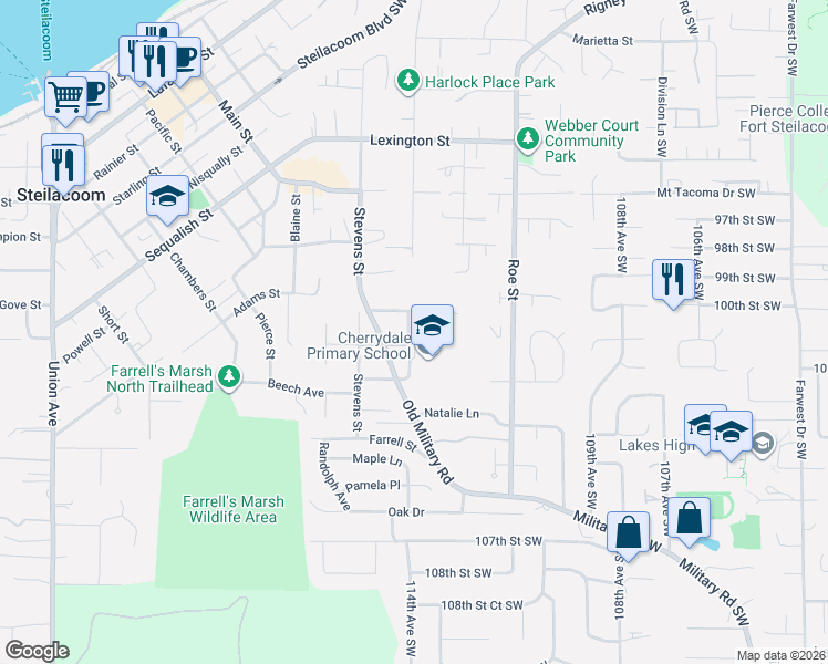 map of restaurants, bars, coffee shops, grocery stores, and more near 1107 Galloway Street in Steilacoom