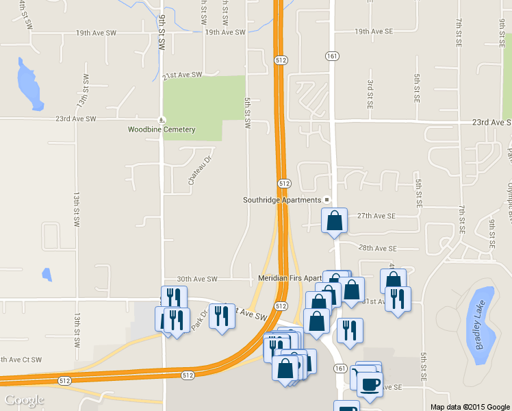 map of restaurants, bars, coffee shops, grocery stores, and more near 2719 5th Street Southwest in Puyallup