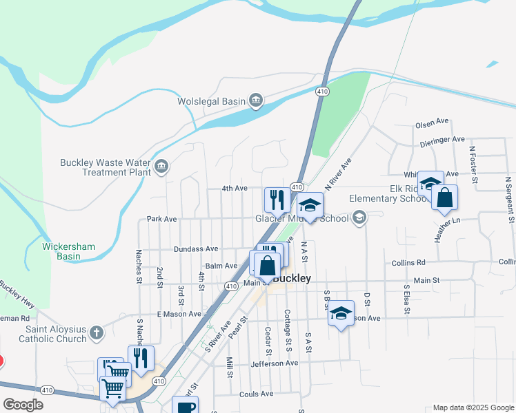 map of restaurants, bars, coffee shops, grocery stores, and more near 640 Park Avenue in Buckley