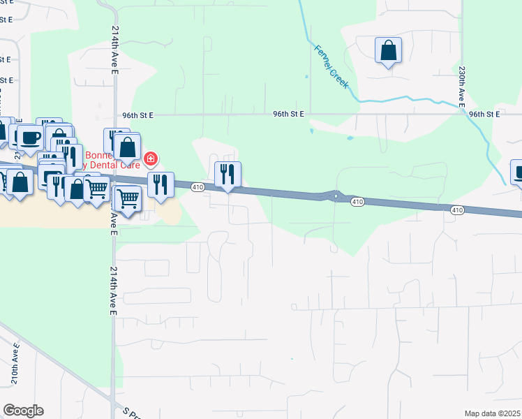 map of restaurants, bars, coffee shops, grocery stores, and more near 10012 221st Avenue East in Bonney Lake