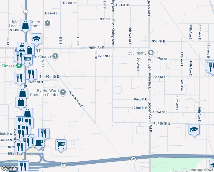 map of restaurants, bars, coffee shops, grocery stores, and more near 706 99th Street East in Tacoma