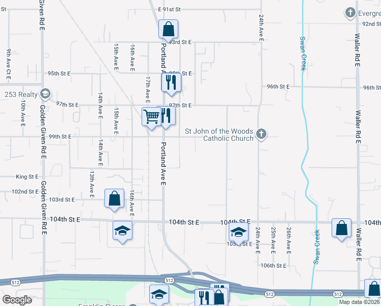 map of restaurants, bars, coffee shops, grocery stores, and more near 9922 20th Avenue East in Tacoma