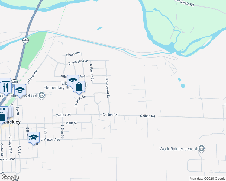 map of restaurants, bars, coffee shops, grocery stores, and more near 302 North Sergeant Street in Buckley