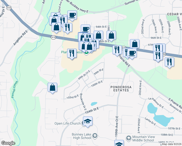 map of restaurants, bars, coffee shops, grocery stores, and more near 9904 197th Avenue Court East in Bonney Lake