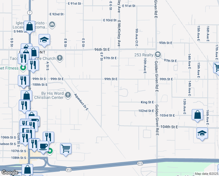 map of restaurants, bars, coffee shops, grocery stores, and more near 706 99th Street East in Tacoma