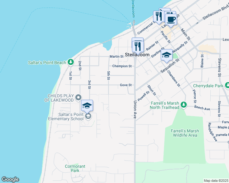 map of restaurants, bars, coffee shops, grocery stores, and more near 514 Wallace Street in Steilacoom