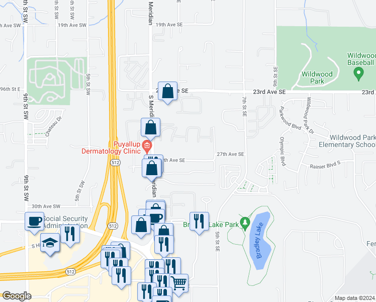 map of restaurants, bars, coffee shops, grocery stores, and more near 201 27th Avenue Southeast in Puyallup