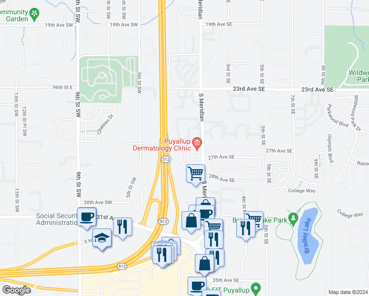 map of restaurants, bars, coffee shops, grocery stores, and more near 2622 South Meridian in Puyallup
