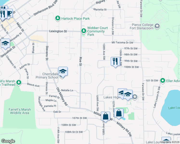 map of restaurants, bars, coffee shops, grocery stores, and more near 2726 Cambridge Drive in Steilacoom