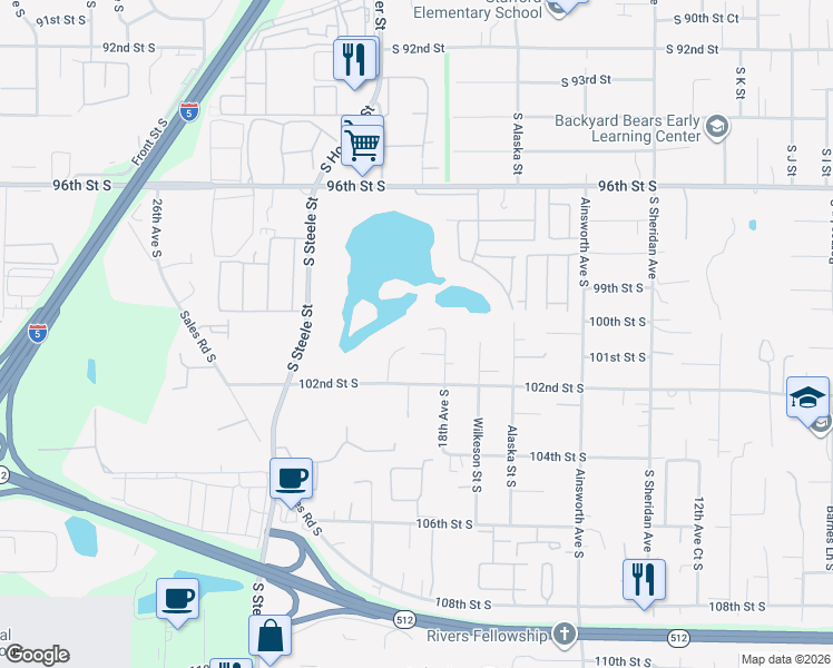 map of restaurants, bars, coffee shops, grocery stores, and more near 1803 101st Street South in Tacoma