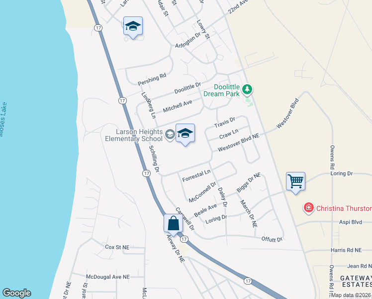 map of restaurants, bars, coffee shops, grocery stores, and more near 700 Lindberg Lane in Moses Lake