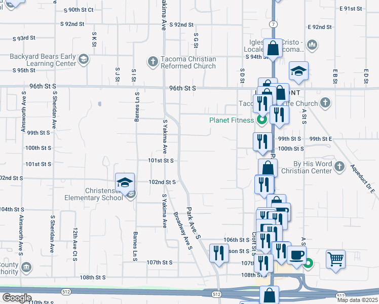 map of restaurants, bars, coffee shops, grocery stores, and more near 614 100th Street South in Tacoma
