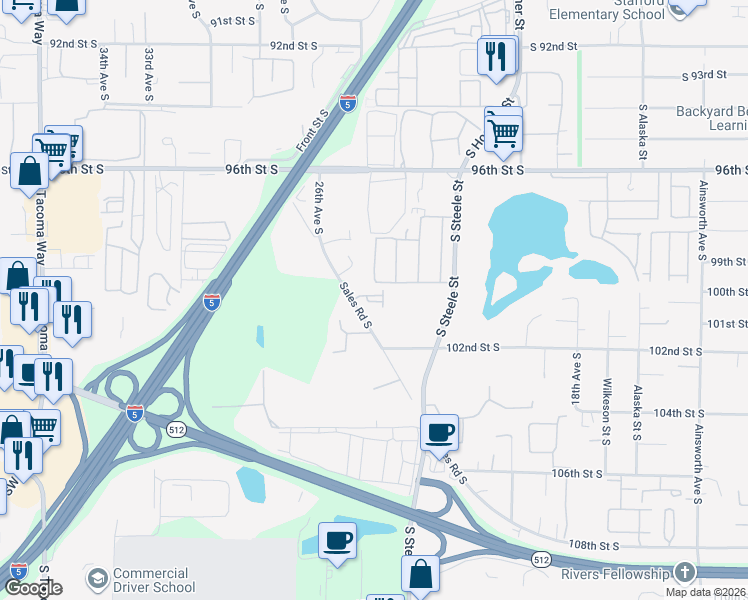 map of restaurants, bars, coffee shops, grocery stores, and more near 10105 Sales Road South in Tacoma