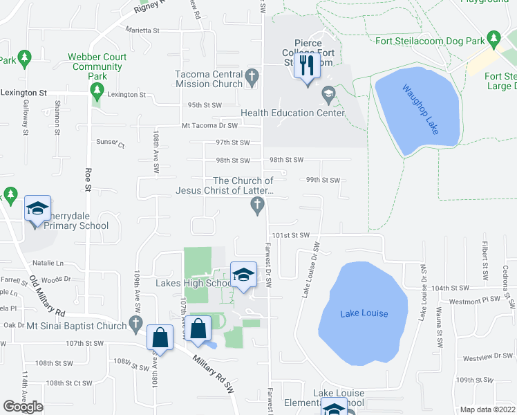map of restaurants, bars, coffee shops, grocery stores, and more near 10024 Farwest Drive Southwest in Lakewood