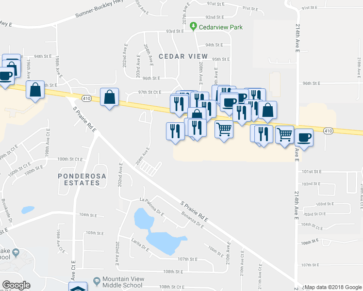 map of restaurants, bars, coffee shops, grocery stores, and more near 20649 Highway 410 in Bonney Lake