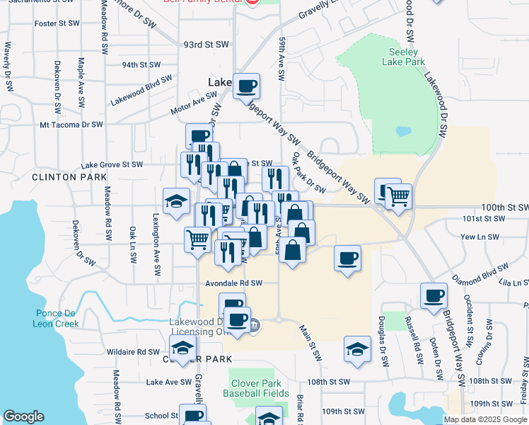 map of restaurants, bars, coffee shops, grocery stores, and more near 5400 100th Street Southwest in Lakewood