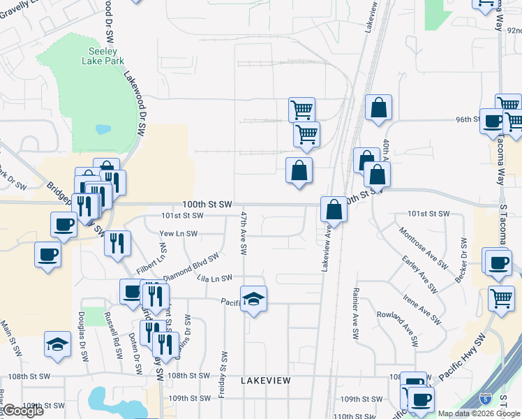 map of restaurants, bars, coffee shops, grocery stores, and more near 27 Rips Lane Southwest in Tacoma