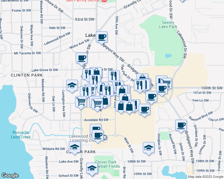 map of restaurants, bars, coffee shops, grocery stores, and more near 10019 59th Avenue Southwest in Lakewood