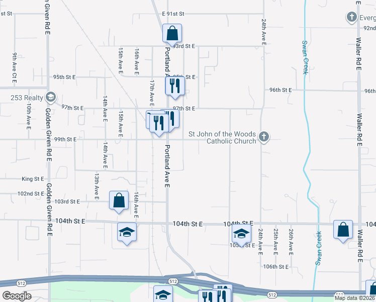 map of restaurants, bars, coffee shops, grocery stores, and more near 9922 20th Avenue East in Tacoma