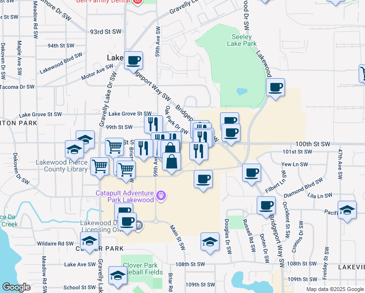 map of restaurants, bars, coffee shops, grocery stores, and more near 5700 100th Street Southwest in Lakewood