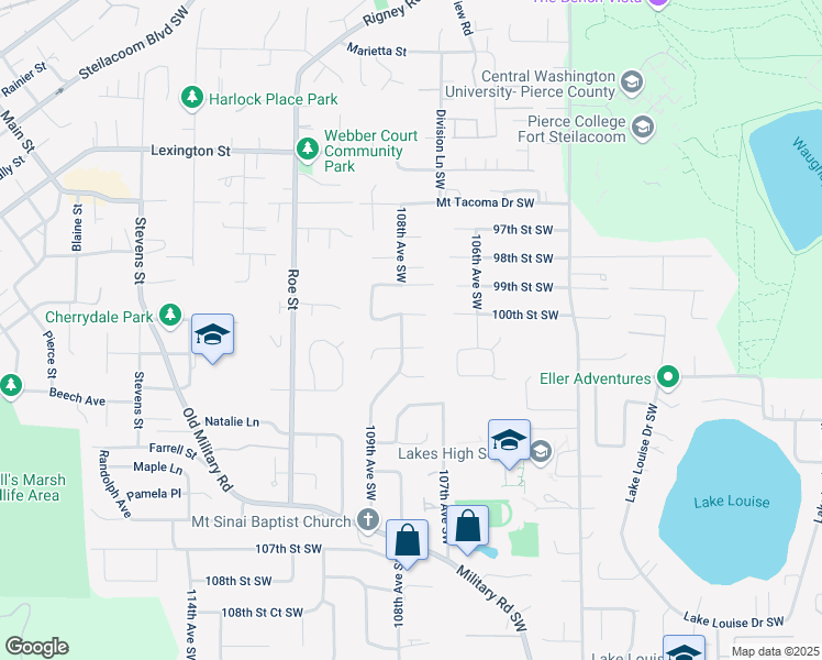 map of restaurants, bars, coffee shops, grocery stores, and more near 10712 100th Street Court Southwest in Tacoma