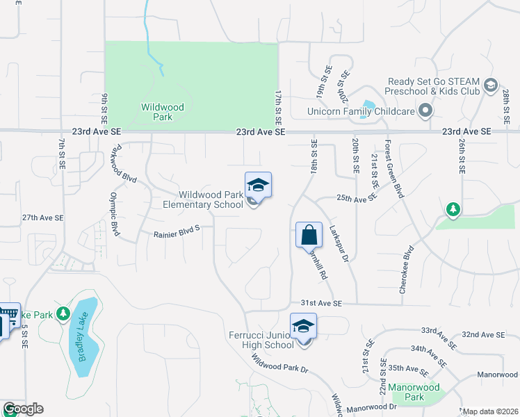 map of restaurants, bars, coffee shops, grocery stores, and more near 1529 27th Avenue Southeast in Puyallup