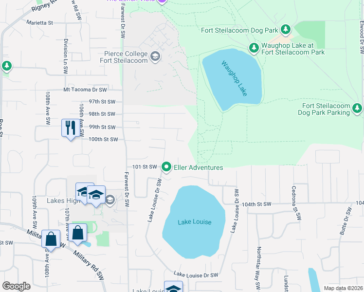map of restaurants, bars, coffee shops, grocery stores, and more near 10010 99th Avenue Court Southwest in Lakewood