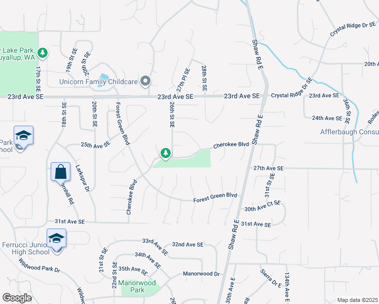 map of restaurants, bars, coffee shops, grocery stores, and more near 2621 Cherokee Boulevard in Puyallup