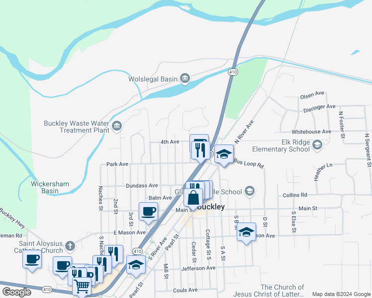 map of restaurants, bars, coffee shops, grocery stores, and more near 371 Norma Street in Buckley