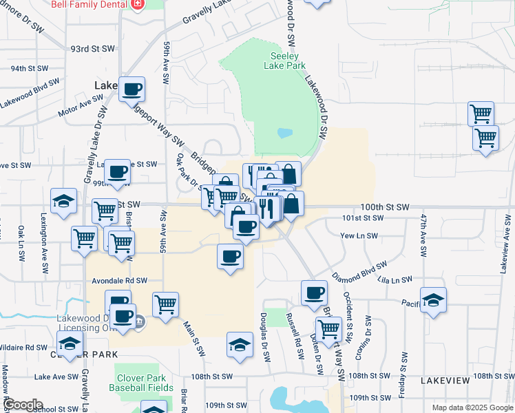 map of restaurants, bars, coffee shops, grocery stores, and more near 5400 100th Street Southwest in Lakewood